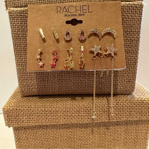 NWT Rachel Roy Set of 6 pairs - gold tone earrings post back, studs & 1 pr hoops - Picture 2 of 11